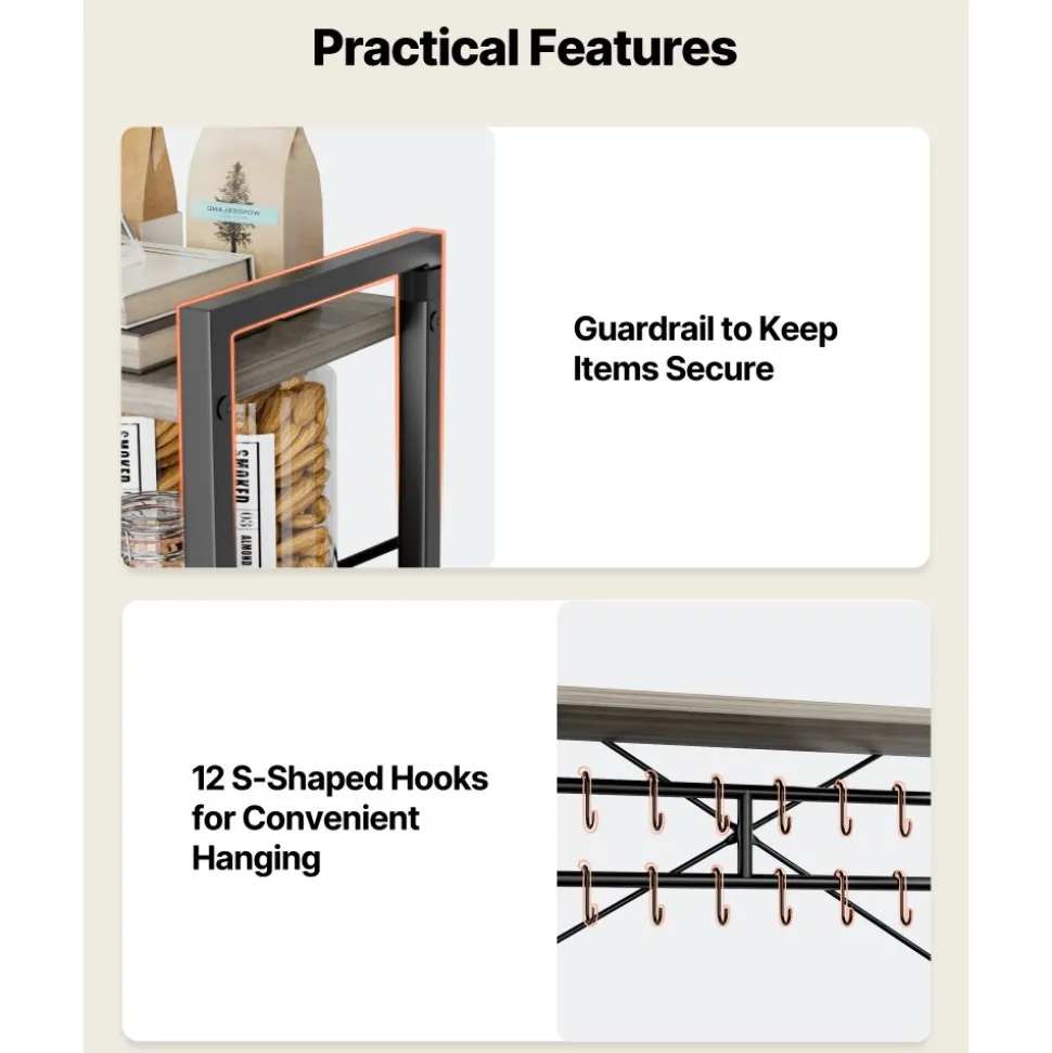 VEVOR Kitchen Bakers Rack, 23.6 inch Width Bakers Rack, Kitchen Stand with X-Shaped Support Bar, 12 S-Shaped Hooks, Double-Layer Top Shelf, Coffee Bar Stand for Dishes & Bowls, Spice Bottles