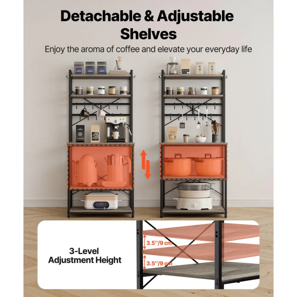VEVOR Kitchen Bakers Rack, 23.6 inch Width Bakers Rack, Kitchen Stand with X-Shaped Support Bar, 12 S-Shaped Hooks, Double-Layer Top Shelf, Coffee Bar Stand for Dishes & Bowls, Spice Bottles