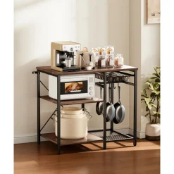 VEVOR Kitchen Bakers Rack, 35.4 inch Width Bakers Rack, Kitchen Stand with X-Shaped Support Bar, 5 S-Shaped Hooks, Multi-Layer Storage Shelf, Coffee Bar Stand for Dishes & Bowls, Spice Bottles