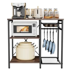 VEVOR Kitchen Bakers Rack, 35.4 inch Width Bakers Rack, Kitchen Stand with X-Shaped Support Bar, 5 S-Shaped Hooks, Multi-Layer Storage Shelf, Coffee Bar Stand for Dishes & Bowls, Spice Bottles