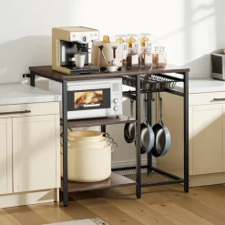 VEVOR Kitchen Bakers Rack, 35.4 inch Width Bakers Rack, Kitchen Stand with X-Shaped Support Bar, 5 S-Shaped Hooks, Multi-Layer Storage Shelf, Coffee Bar Stand for Dishes & Bowls, Spice Bottles