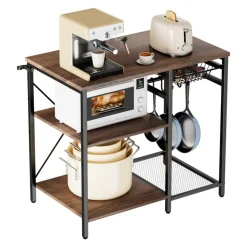 VEVOR Kitchen Bakers Rack, 35.4 inch Width Bakers Rack, Kitchen Stand with X-Shaped Support Bar, 5 S-Shaped Hooks, Multi-Layer Storage Shelf, Coffee Bar Stand for Dishes & Bowls, Spice Bottles