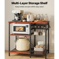 VEVOR Kitchen Bakers Rack, 35.4 inch Width Bakers Rack, Kitchen Stand with X-Shaped Support Bar, 5 S-Shaped Hooks, Multi-Layer Storage Shelf, Coffee Bar Stand for Dishes & Bowls, Spice Bottles