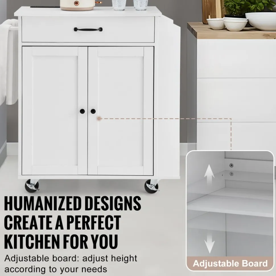 VEVOR Kitchen Island Cart, 32" Mobile Carts with Storage Cabinet, Rolling Table with Power Outlet, Spice Rack, Towel Bar, Adjustable Shelf, Drawer, Dining Living Room Portable Islands on Wheels, White