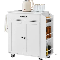 VEVOR Kitchen Island Cart, 32" Mobile Carts with Storage Cabinet, Rolling Table with Power Outlet, Spice Rack, Towel Bar, Adjustable Shelf, Drawer, Dining Living Room Portable Islands on Wheels, White