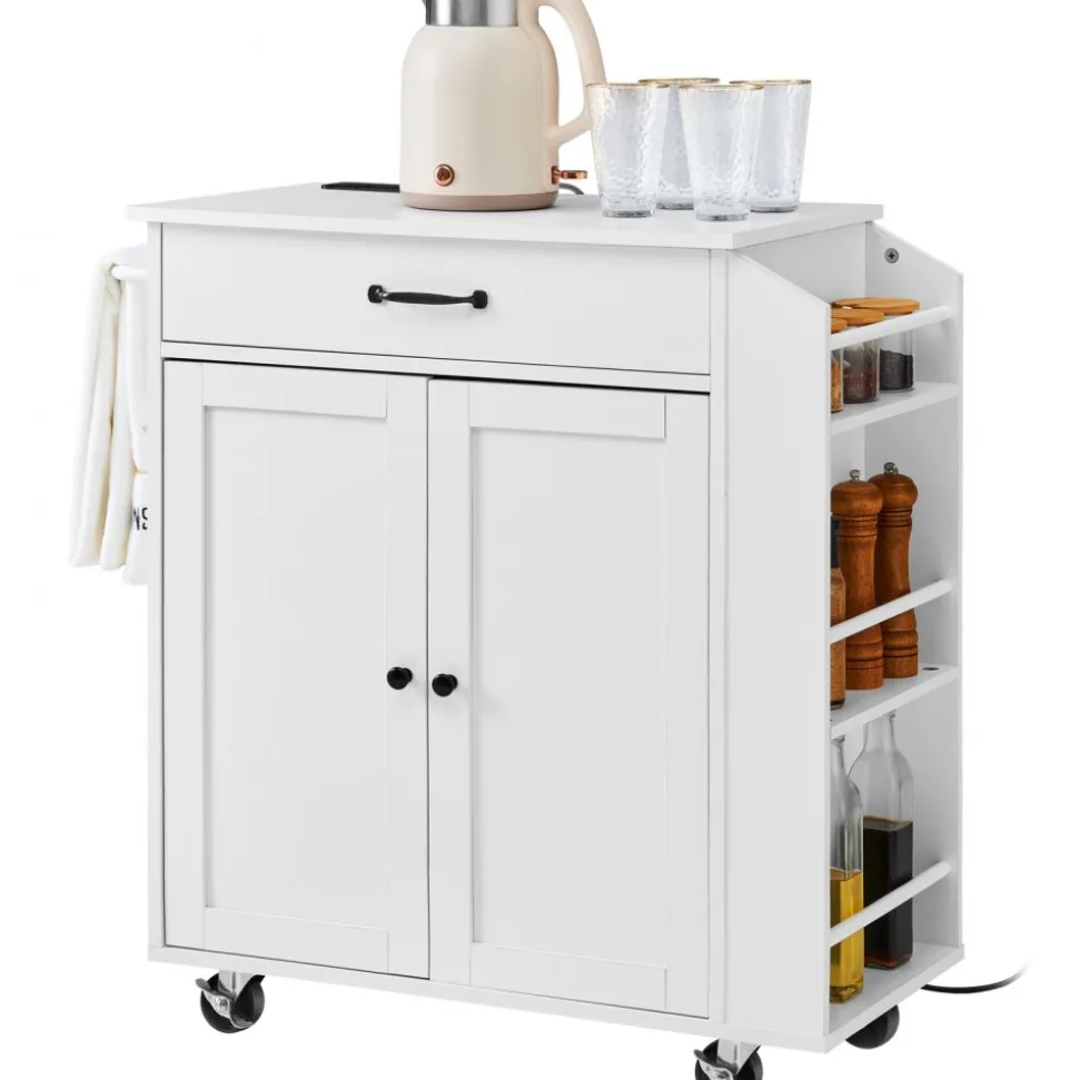 VEVOR Kitchen Island Cart, 32" Mobile Carts with Storage Cabinet, Rolling Table with Power Outlet, Spice Rack, Towel Bar, Adjustable Shelf, Drawer, Dining Living Room Portable Islands on Wheels, White