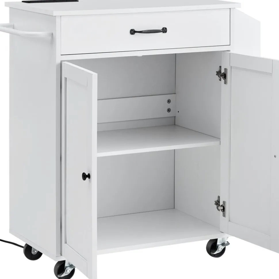 VEVOR Kitchen Island Cart, 32" Mobile Carts with Storage Cabinet, Rolling Table with Power Outlet, Spice Rack, Towel Bar, Adjustable Shelf, Drawer, Dining Living Room Portable Islands on Wheels, White