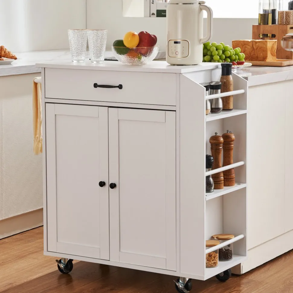 VEVOR Kitchen Island Cart, 32" Mobile Carts with Storage Cabinet, Rolling Table with Power Outlet, Spice Rack, Towel Bar, Adjustable Shelf, Drawer, Dining Living Room Portable Islands on Wheels, White