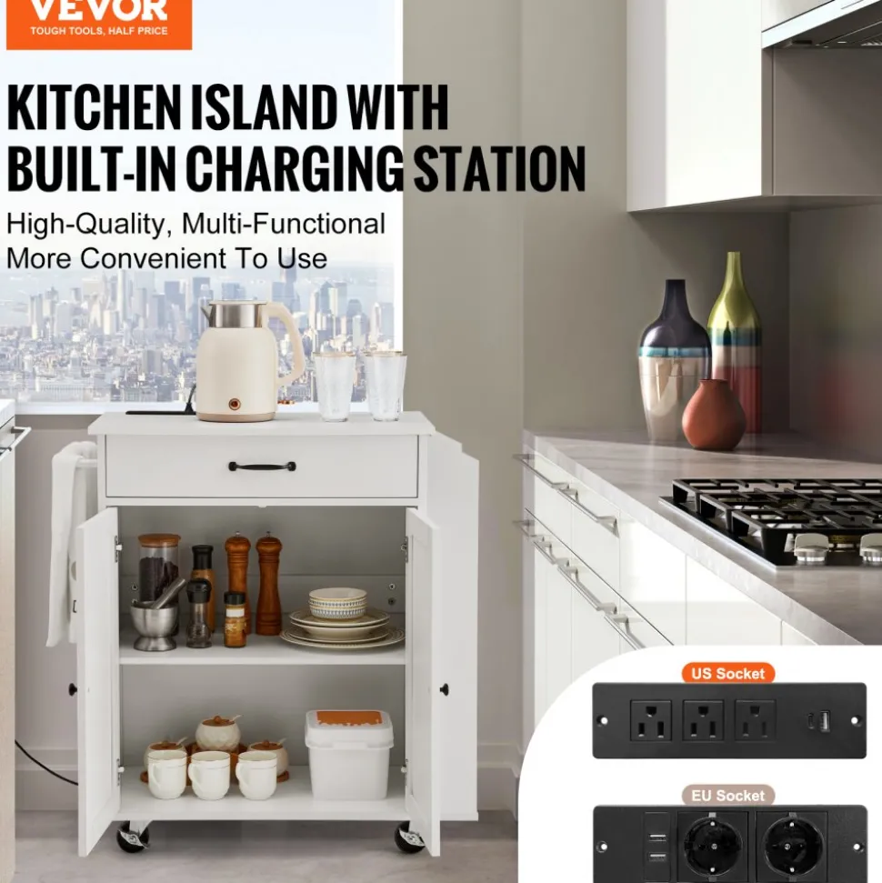 VEVOR Kitchen Island Cart, 32" Mobile Carts with Storage Cabinet, Rolling Table with Power Outlet, Spice Rack, Towel Bar, Adjustable Shelf, Drawer, Dining Living Room Portable Islands on Wheels, White