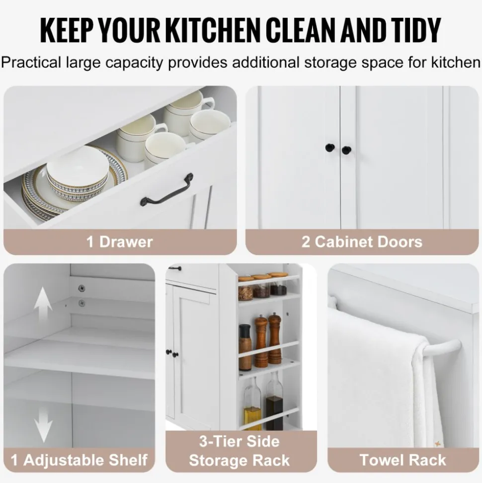 VEVOR Kitchen Island Cart, 32" Mobile Carts with Storage Cabinet, Rolling Table with Power Outlet, Spice Rack, Towel Bar, Adjustable Shelf, Drawer, Dining Living Room Portable Islands on Wheels, White