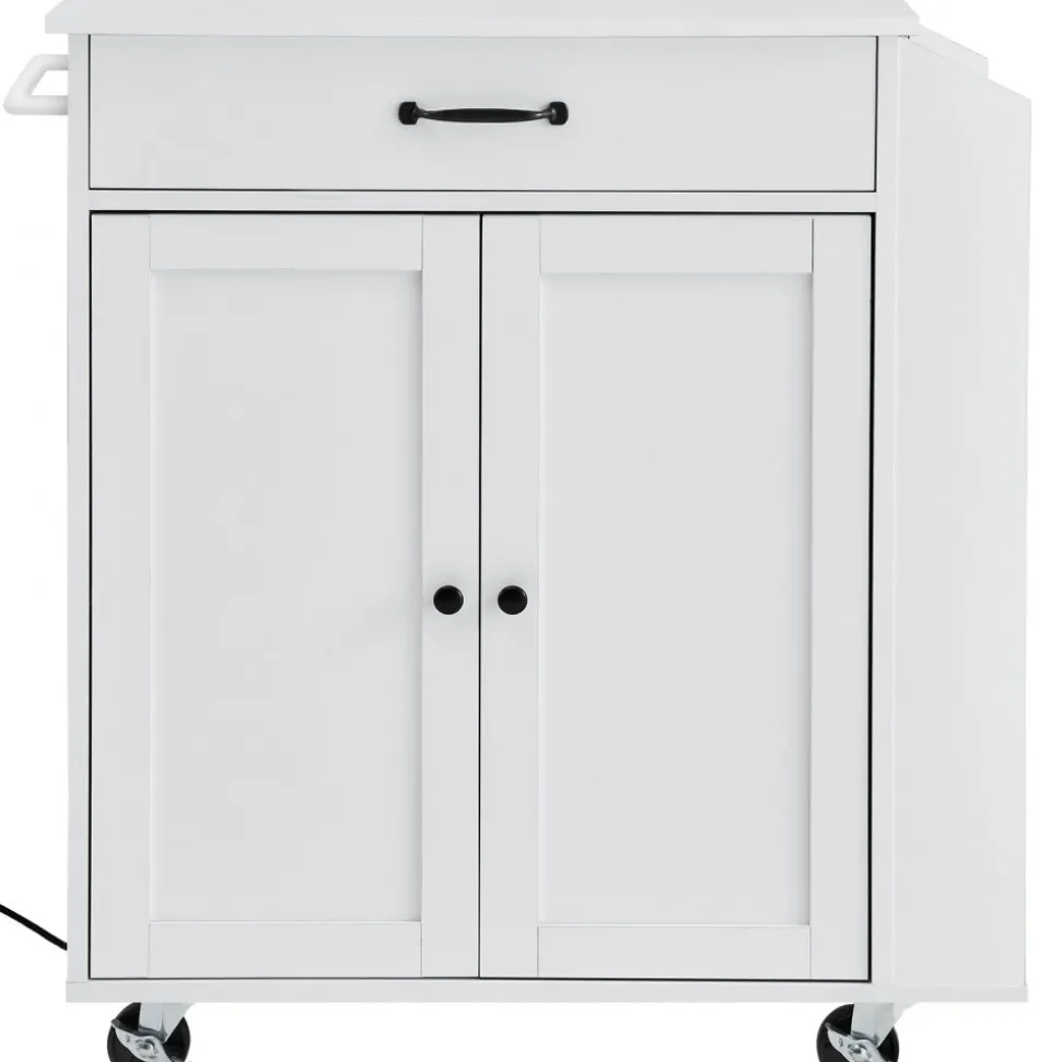 VEVOR Kitchen Island Cart, 32" Mobile Carts with Storage Cabinet, Rolling Table with Power Outlet, Spice Rack, Towel Bar, Adjustable Shelf, Drawer, Dining Living Room Portable Islands on Wheels, White