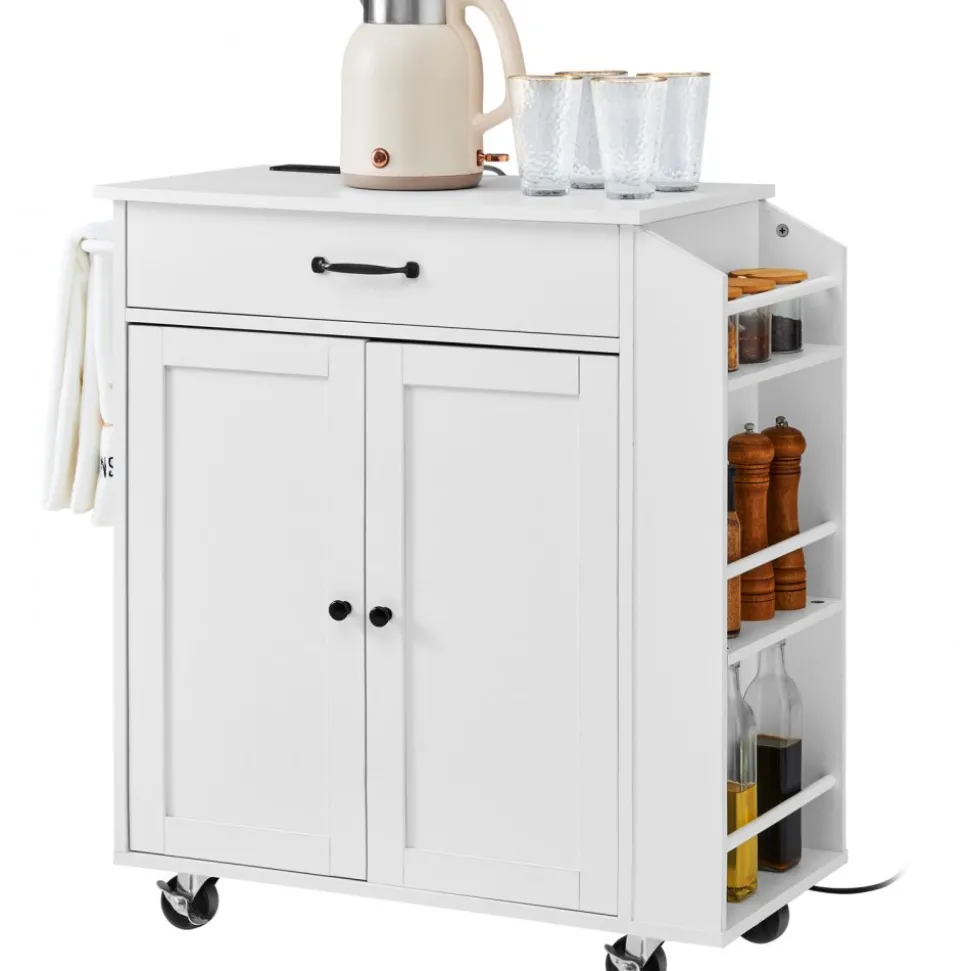 VEVOR Kitchen Island Cart, 32" Mobile Carts with Storage Cabinet, Rolling Table with Power Outlet, Spice Rack, Towel Bar, Adjustable Shelf, Drawer, Dining Living Room Portable Islands on Wheels, White
