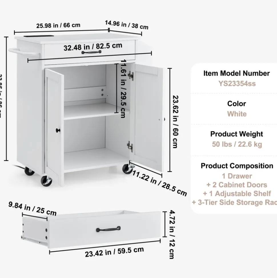 VEVOR Kitchen Island Cart, 32" Mobile Carts with Storage Cabinet, Rolling Table with Power Outlet, Spice Rack, Towel Bar, Adjustable Shelf, Drawer, Dining Living Room Portable Islands on Wheels, White