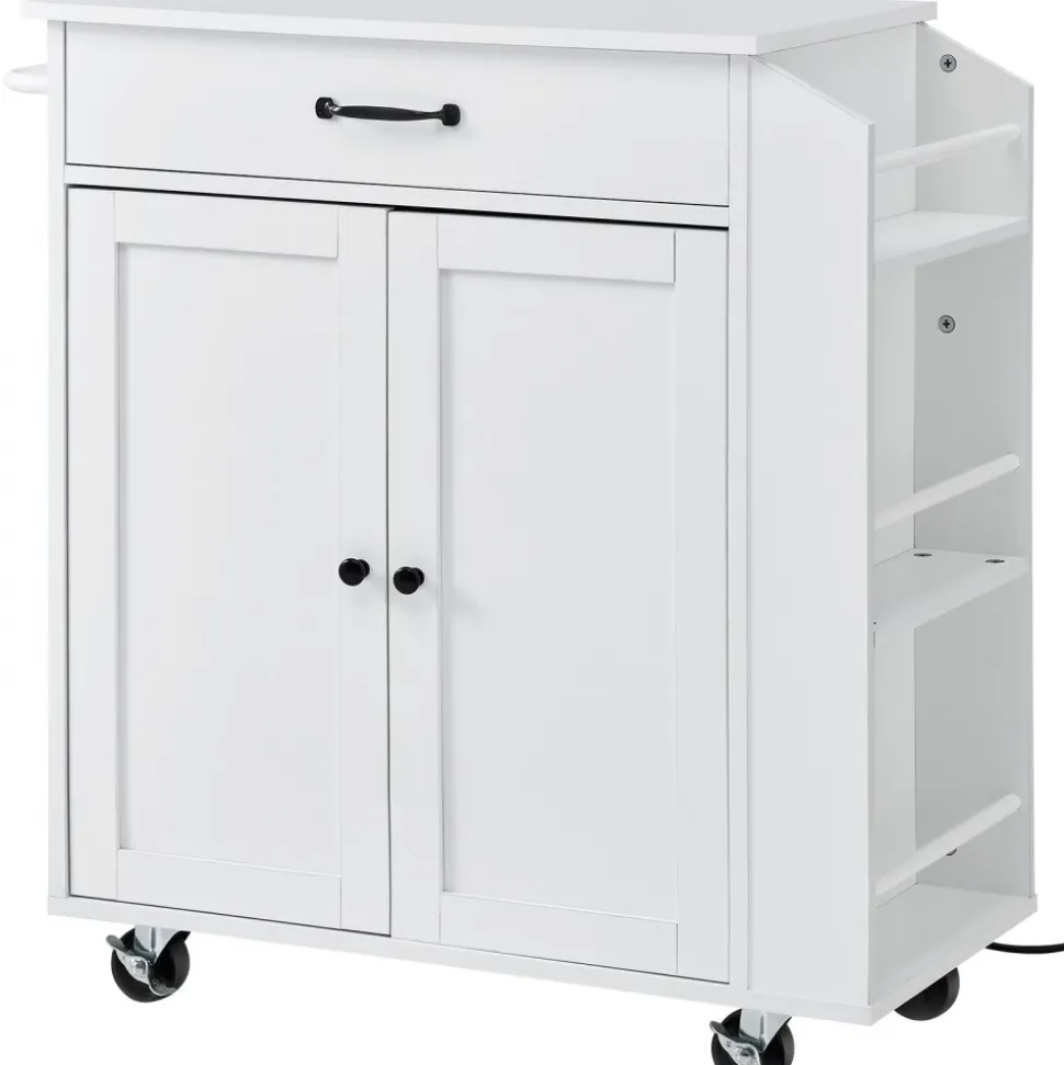 VEVOR Kitchen Island Cart, 32" Mobile Carts with Storage Cabinet, Rolling Table with Power Outlet, Spice Rack, Towel Bar, Adjustable Shelf, Drawer, Dining Living Room Portable Islands on Wheels, White