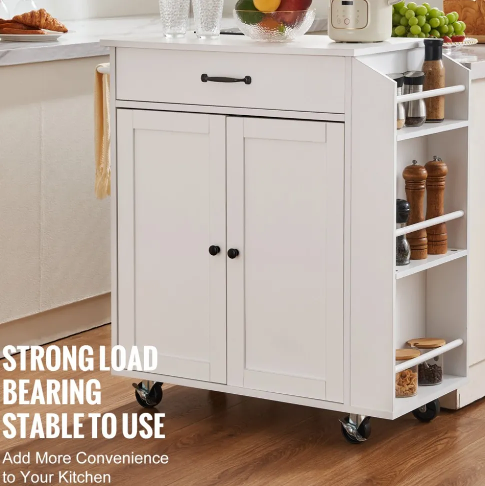VEVOR Kitchen Island Cart, 32" Mobile Carts with Storage Cabinet, Rolling Table with Power Outlet, Spice Rack, Towel Bar, Adjustable Shelf, Drawer, Dining Living Room Portable Islands on Wheels, White