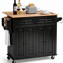 VEVOR Kitchen Island Cart with Storage, 43.58 in Wide Mobile Rolling Storage Island on Swivel Wheels, with 2 Drawers, Storage Cabinet, Drop Leaf, Spice/Towel Rack, Table for Home Dining Room, Black