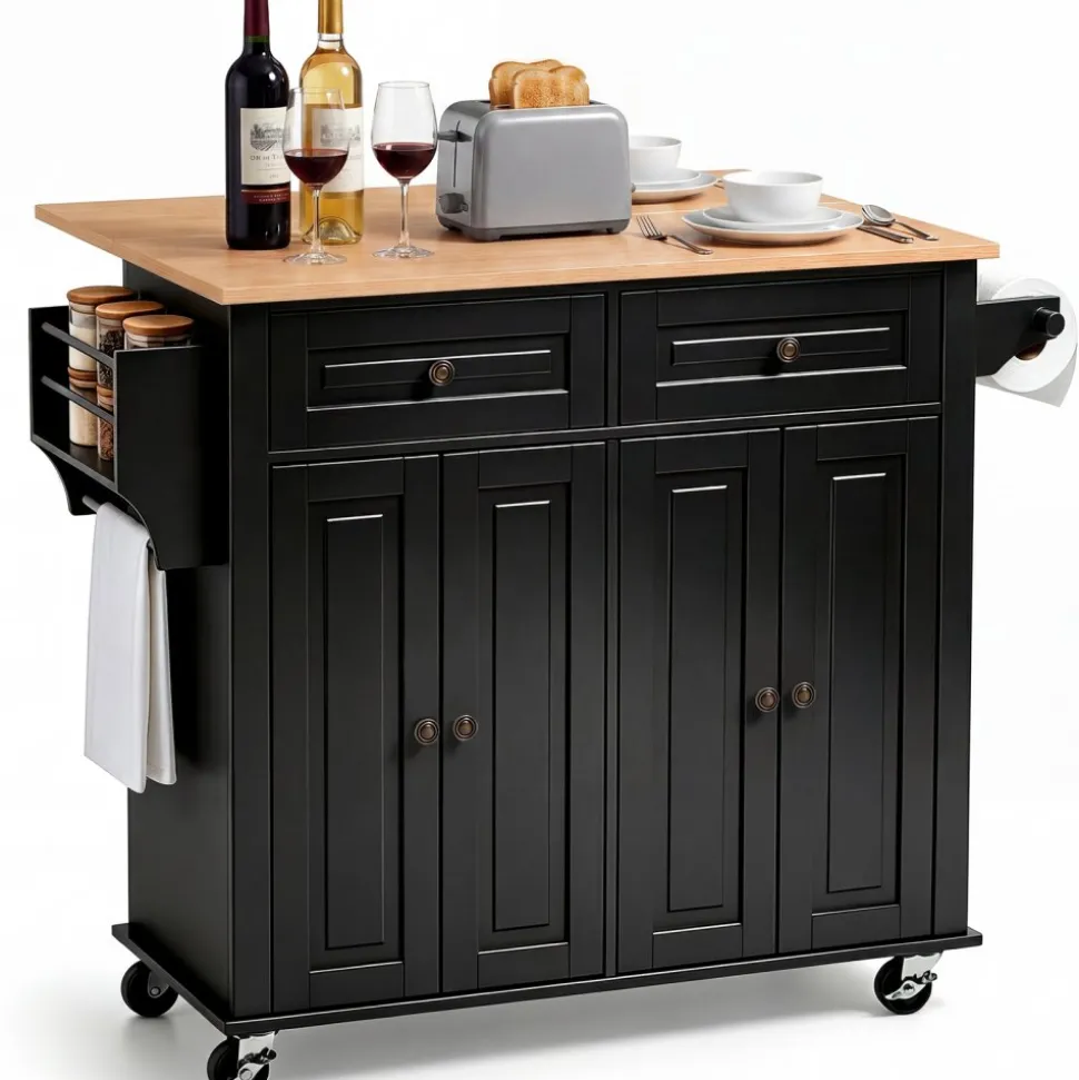 VEVOR Kitchen Island Cart with Storage, 43.58 in Wide Mobile Rolling Storage Island on Swivel Wheels, with 2 Drawers, Storage Cabinet, Drop Leaf, Spice/Towel Rack, Table for Home Dining Room, Black