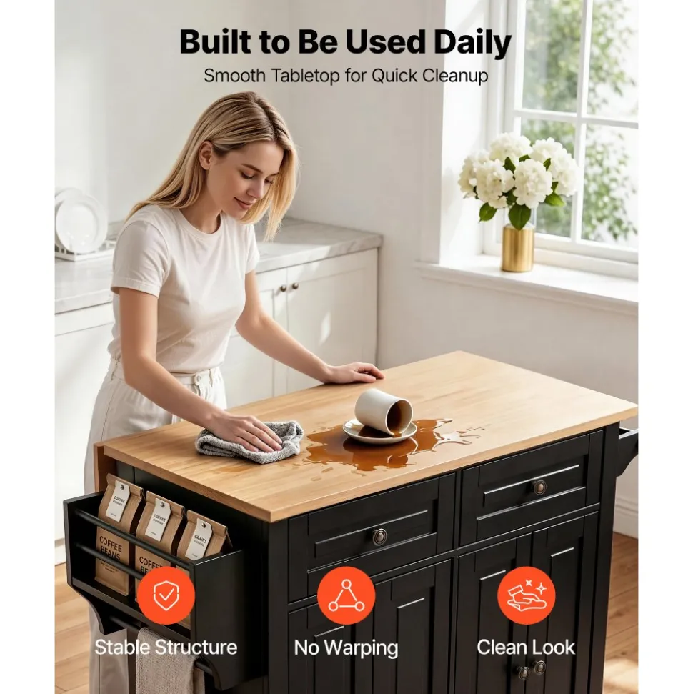 VEVOR Kitchen Island Cart with Storage, 43.58 in Wide Mobile Rolling Storage Island on Swivel Wheels, with 2 Drawers, Storage Cabinet, Drop Leaf, Spice/Towel Rack, Table for Home Dining Room, Black