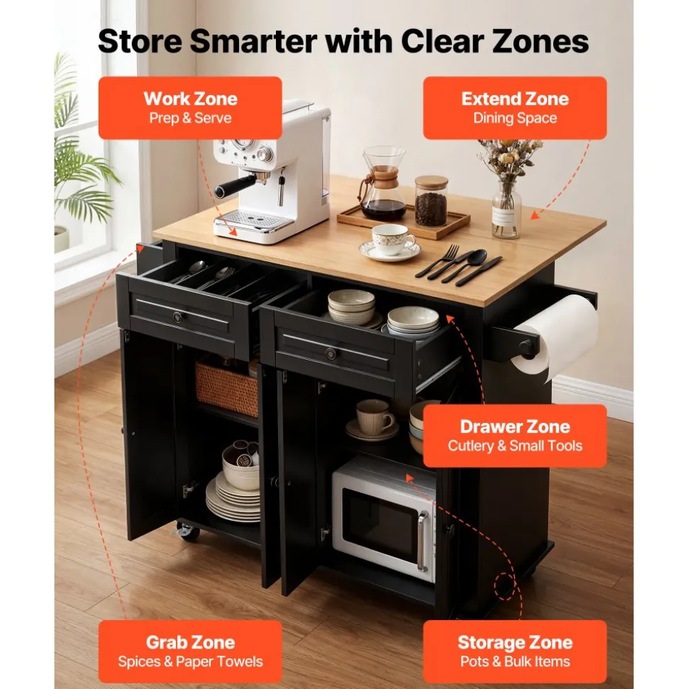 VEVOR Kitchen Island Cart with Storage, 43.58 in Wide Mobile Rolling Storage Island on Swivel Wheels, with 2 Drawers, Storage Cabinet, Drop Leaf, Spice/Towel Rack, Table for Home Dining Room, Black