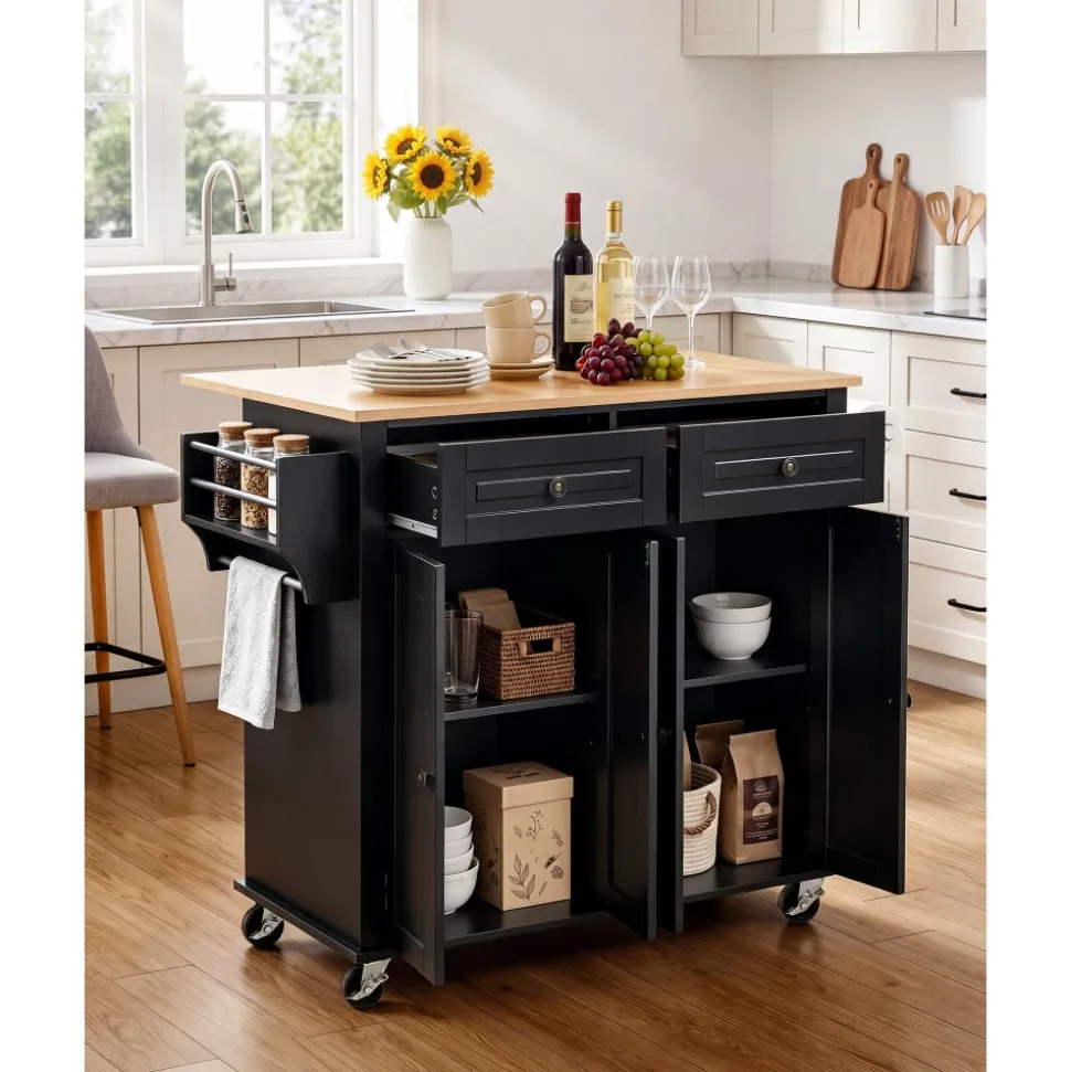 VEVOR Kitchen Island Cart with Storage, 43.58 in Wide Mobile Rolling Storage Island on Swivel Wheels, with 2 Drawers, Storage Cabinet, Drop Leaf, Spice/Towel Rack, Table for Home Dining Room, Black