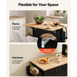 VEVOR Kitchen Island Cart with Storage, 43.58 in Wide Mobile Rolling Storage Island on Swivel Wheels, with 2 Drawers, Storage Cabinet, Drop Leaf, Spice/Towel Rack, Table for Home Dining Room, Black