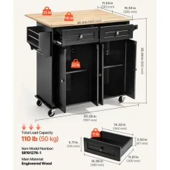 VEVOR Kitchen Island Cart with Storage, 43.58 in Wide Mobile Rolling Storage Island on Swivel Wheels, with 2 Drawers, Storage Cabinet, Drop Leaf, Spice/Towel Rack, Table for Home Dining Room, Black