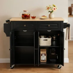 VEVOR Kitchen Island Cart with Storage, 43.58 in Wide Mobile Rolling Storage Island on Swivel Wheels, with 2 Drawers, Storage Cabinet, Drop Leaf, Spice/Towel Rack, Table for Home Dining Room, Black