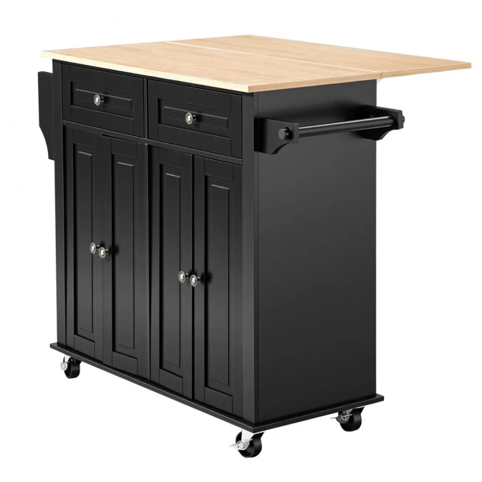 VEVOR Kitchen Island Cart with Storage, 43.58 in Wide Mobile Rolling Storage Island on Swivel Wheels, with 2 Drawers, Storage Cabinet, Drop Leaf, Spice/Towel Rack, Table for Home Dining Room, Black