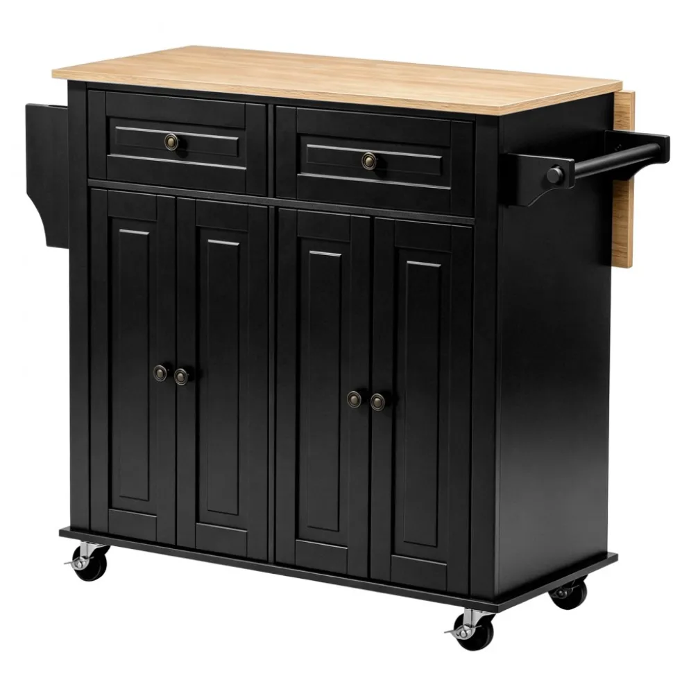 VEVOR Kitchen Island Cart with Storage, 43.58 in Wide Mobile Rolling Storage Island on Swivel Wheels, with 2 Drawers, Storage Cabinet, Drop Leaf, Spice/Towel Rack, Table for Home Dining Room, Black