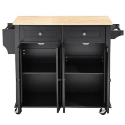 VEVOR Kitchen Island Cart with Storage, 43.58 in Wide Mobile Rolling Storage Island on Swivel Wheels, with 2 Drawers, Storage Cabinet, Drop Leaf, Spice/Towel Rack, Table for Home Dining Room, Black