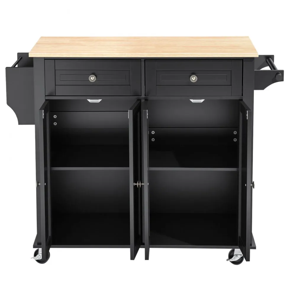 VEVOR Kitchen Island Cart with Storage, 43.58 in Wide Mobile Rolling Storage Island on Swivel Wheels, with 2 Drawers, Storage Cabinet, Drop Leaf, Spice/Towel Rack, Table for Home Dining Room, Black