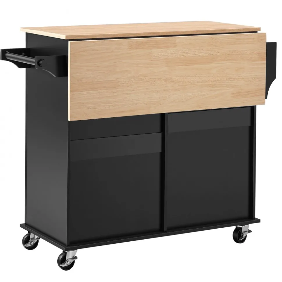 VEVOR Kitchen Island Cart with Storage, 43.58 in Wide Mobile Rolling Storage Island on Swivel Wheels, with 2 Drawers, Storage Cabinet, Drop Leaf, Spice/Towel Rack, Table for Home Dining Room, Black