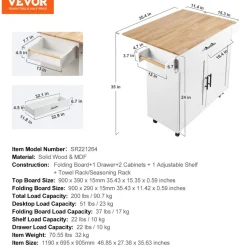 VEVOR Kitchen Island Cart with Solid Wood Top, 45.3