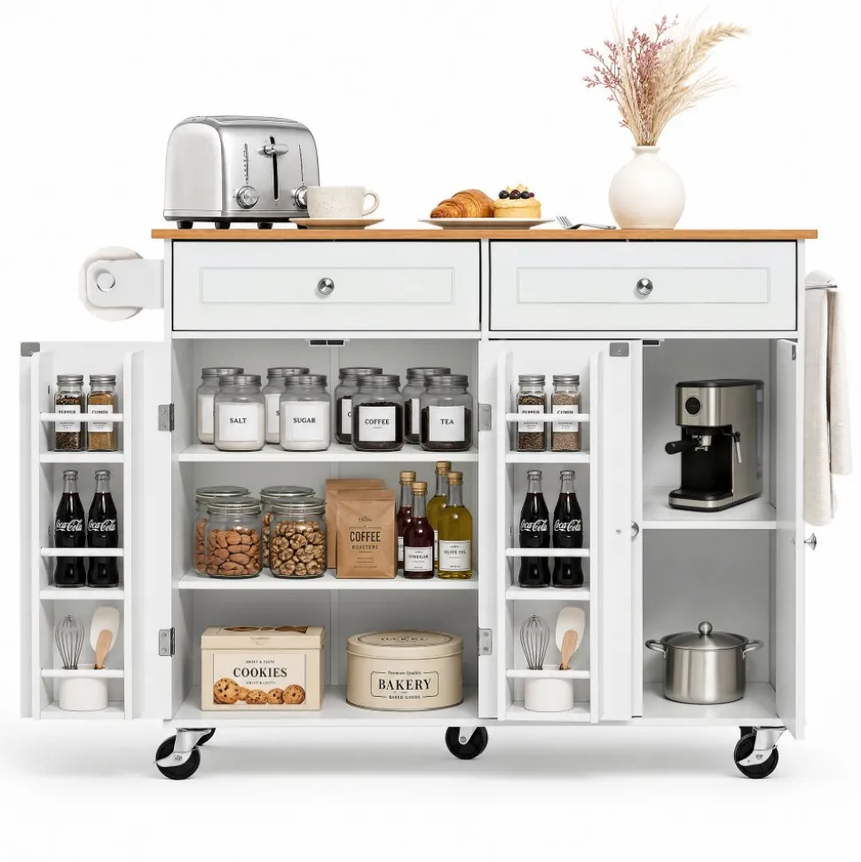 VEVOR Kitchen Island Cart with Storage, 47.64 in Wide Mobile Rolling Storage Island on Swivel Wheels, with 2 Drawers, Storage Cabinet, Drop Leaf, Towel Rack, Table for Home Dining Room, White