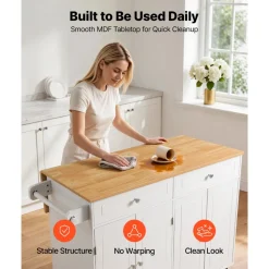 VEVOR Kitchen Island Cart with Storage, 47.64 in Wide Mobile Rolling Storage Island on Swivel Wheels, with 2 Drawers, Storage Cabinet, Drop Leaf, Towel Rack, Table for Home Dining Room, White