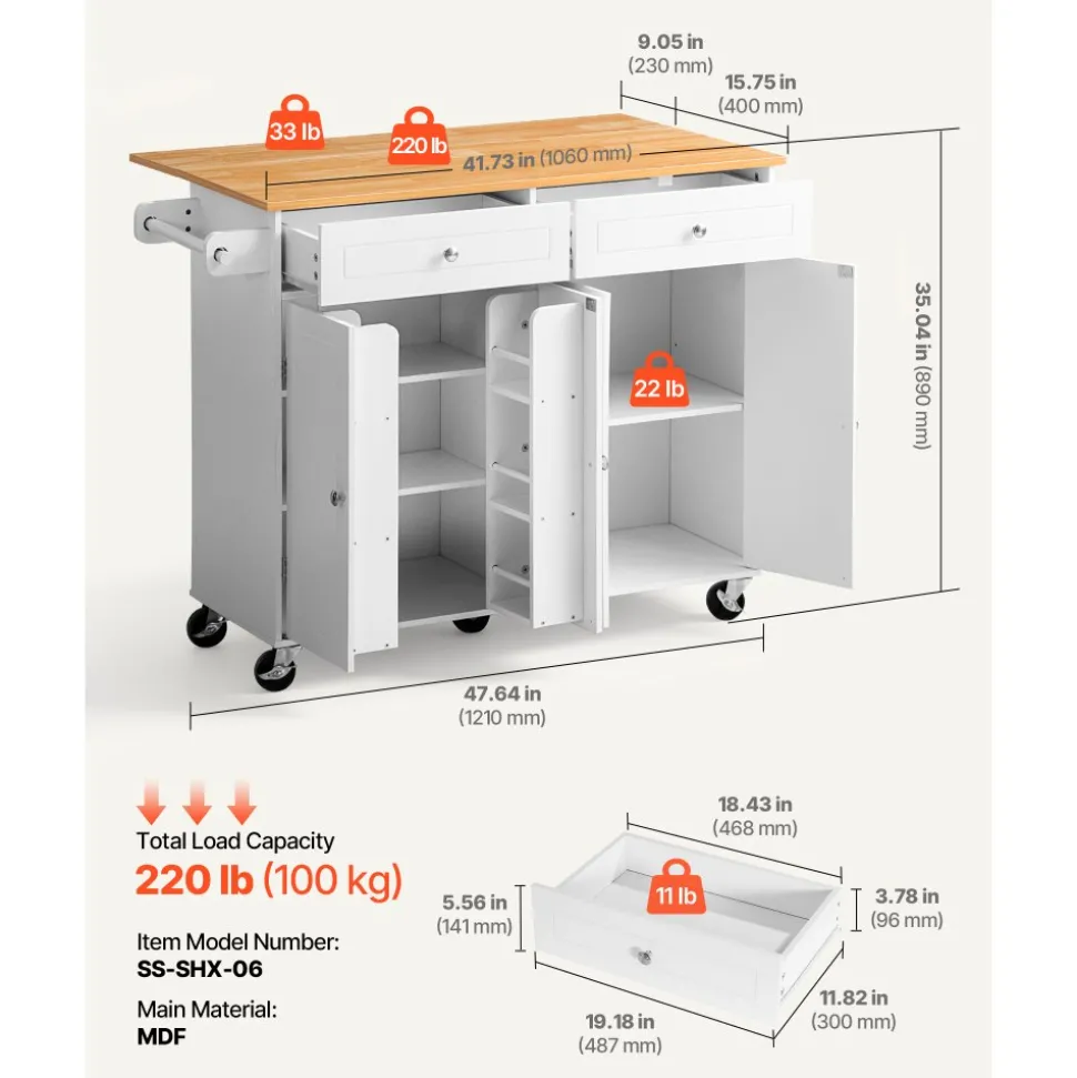 VEVOR Kitchen Island Cart with Storage, 47.64 in Wide Mobile Rolling Storage Island on Swivel Wheels, with 2 Drawers, Storage Cabinet, Drop Leaf, Towel Rack, Table for Home Dining Room, White