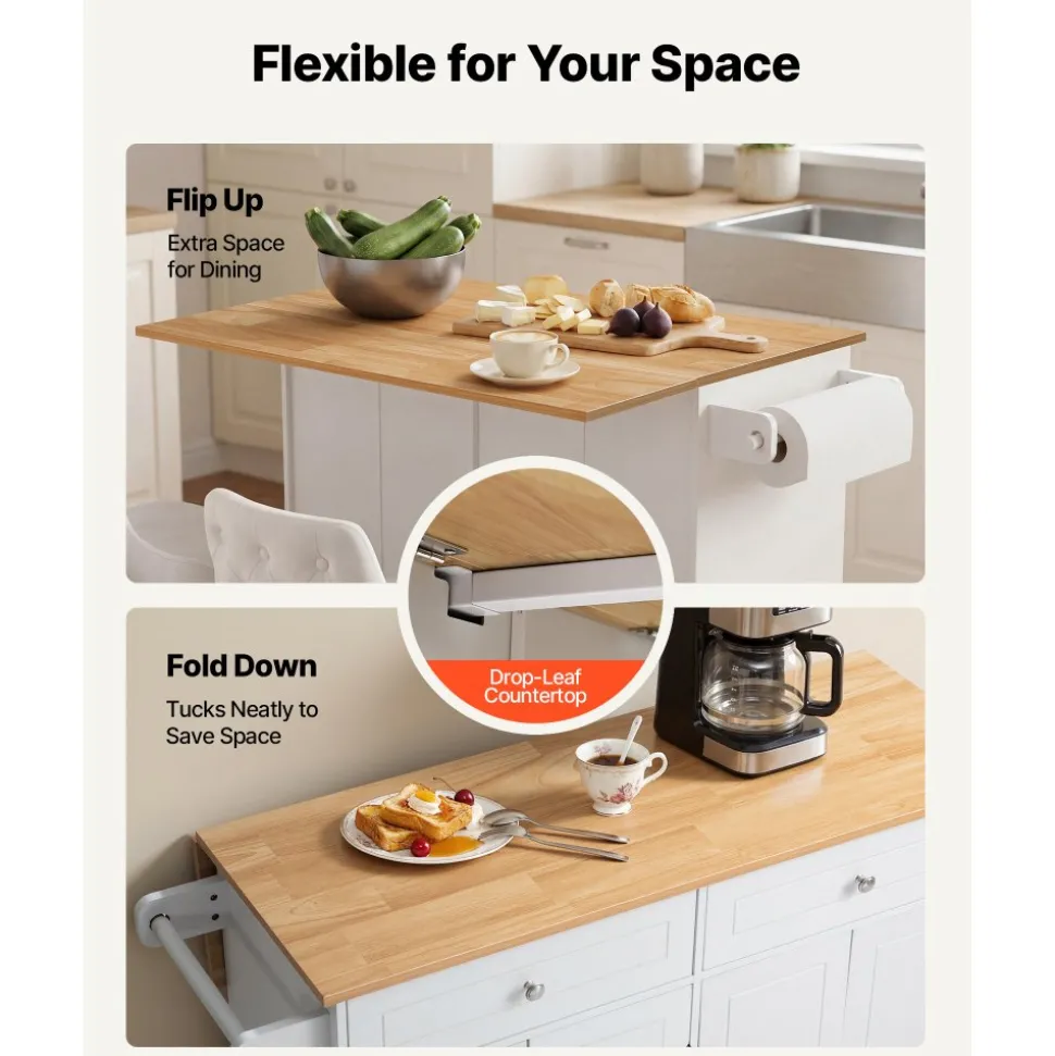 VEVOR Kitchen Island Cart with Storage, 47.64 in Wide Mobile Rolling Storage Island on Swivel Wheels, with 2 Drawers, Storage Cabinet, Drop Leaf, Towel Rack, Table for Home Dining Room, White