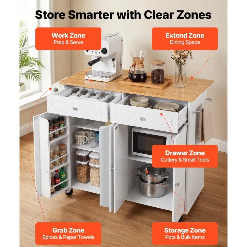 VEVOR Kitchen Island Cart with Storage, 47.64 in Wide Mobile Rolling Storage Island on Swivel Wheels, with 2 Drawers, Storage Cabinet, Drop Leaf, Towel Rack, Table for Home Dining Room, White