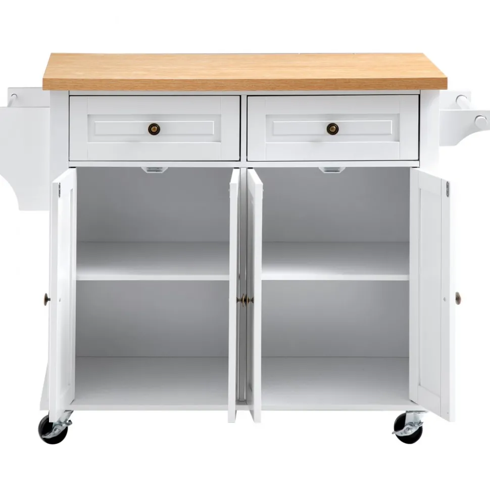 VEVOR Kitchen Island Cart with Storage, 43.7 in Wide Mobile Rolling Storage Island on Swivel Wheels, with 2 Drawers, Storage Cabinet, Spice/Towel Rack, Hooks, Table for Home Dining Room, White