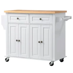 VEVOR Kitchen Island Cart with Storage, 43.7 in Wide Mobile Rolling Storage Island on Swivel Wheels, with 2 Drawers, Storage Cabinet, Spice/Towel Rack, Hooks, Table for Home Dining Room, White