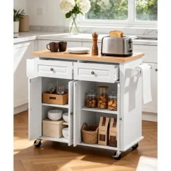 VEVOR Kitchen Island Cart with Storage, 43.7 in Wide Mobile Rolling Storage Island on Swivel Wheels, with 2 Drawers, Storage Cabinet, Spice/Towel Rack, Hooks, Table for Home Dining Room, White