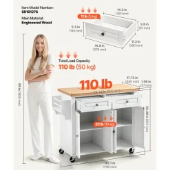VEVOR Kitchen Island Cart with Storage, 43.7 in Wide Mobile Rolling Storage Island on Swivel Wheels, with 2 Drawers, Storage Cabinet, Spice/Towel Rack, Hooks, Table for Home Dining Room, White