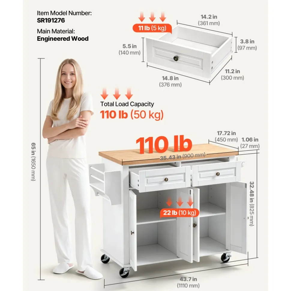 VEVOR Kitchen Island Cart with Storage, 43.7 in Wide Mobile Rolling Storage Island on Swivel Wheels, with 2 Drawers, Storage Cabinet, Spice/Towel Rack, Hooks, Table for Home Dining Room, White