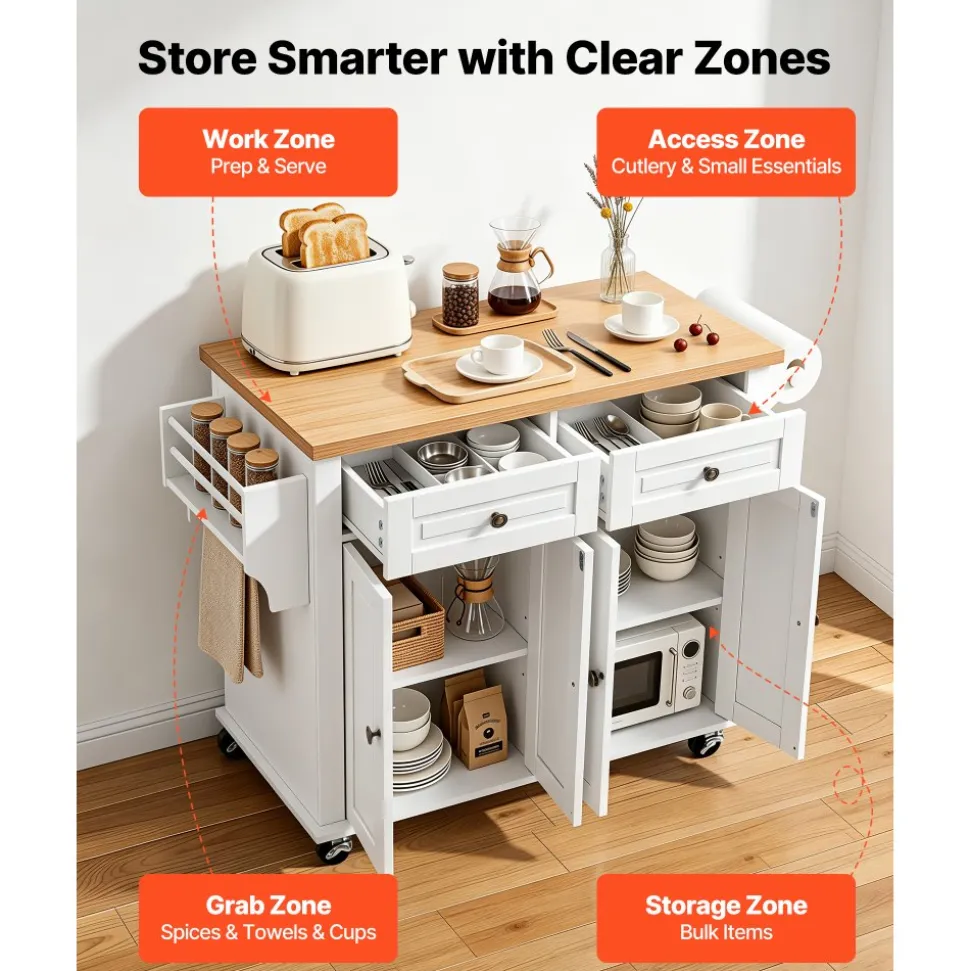 VEVOR Kitchen Island Cart with Storage, 43.7 in Wide Mobile Rolling Storage Island on Swivel Wheels, with 2 Drawers, Storage Cabinet, Spice/Towel Rack, Hooks, Table for Home Dining Room, White