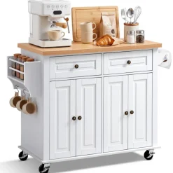 VEVOR Kitchen Island Cart with Storage, 43.7 in Wide Mobile Rolling Storage Island on Swivel Wheels, with 2 Drawers, Storage Cabinet, Spice/Towel Rack, Hooks, Table for Home Dining Room, White