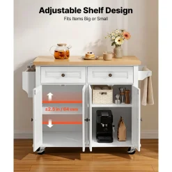 VEVOR Kitchen Island Cart with Storage, 43.7 in Wide Mobile Rolling Storage Island on Swivel Wheels, with 2 Drawers, Storage Cabinet, Spice/Towel Rack, Hooks, Table for Home Dining Room, White