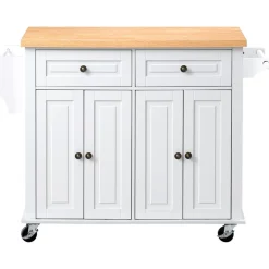 VEVOR Kitchen Island Cart with Storage, 43.7 in Wide Mobile Rolling Storage Island on Swivel Wheels, with 2 Drawers, Storage Cabinet, Spice/Towel Rack, Hooks, Table for Home Dining Room, White