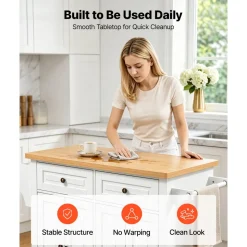 VEVOR Kitchen Island Cart with Storage, 43.7 in Wide Mobile Rolling Storage Island on Swivel Wheels, with 2 Drawers, Storage Cabinet, Spice/Towel Rack, Hooks, Table for Home Dining Room, White