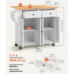 VEVOR Kitchen Island Cart with Storage, 43.58 in Wide Mobile Rolling Storage Island on Swivel Wheels, with 2 Drawers, Storage Cabinet, Drop Leaf, Spice/Towel Rack, Table for Home Dining Room, White