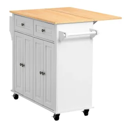 VEVOR Kitchen Island Cart with Storage, 43.58 in Wide Mobile Rolling Storage Island on Swivel Wheels, with 2 Drawers, Storage Cabinet, Drop Leaf, Spice/Towel Rack, Table for Home Dining Room, White